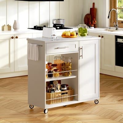 Pugsdrly witte keukentrolley met marmerlook bovenblad, verrijdbare keukentrolley met lade, kast & open planken, mobiel keukeneiland met handdoekhouder & vergrendelbare wielen, 90x62x90 cm