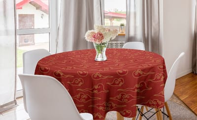 ABAKUHAUS Aziatisch Rond Tafelkleed, Cirkelvormige Tafelkleed Hoes voor keukendecoratie in de eetkamer, 150 cm, Vermiljoen Crème