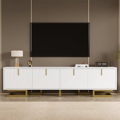 Pugsdrly TV-meubel, laag meubel met gestructureerde deuren, TV-meubel, gouden handgrepen en gouden poten