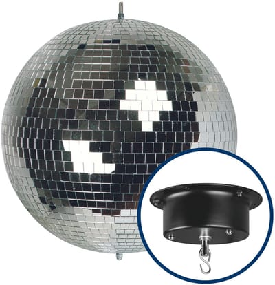 HQ-Power Set met discobal Ø 30 cm + 4W motor, roterende spiegelbol van reflecterend facetglas, 1.8-2.5 tpm, 5 kg draagvermogen, veilig ophangsysteem voor plafondmontage – Ideaal voor grote dansvloeren, evenementen, clubs, en commerciële verlichting