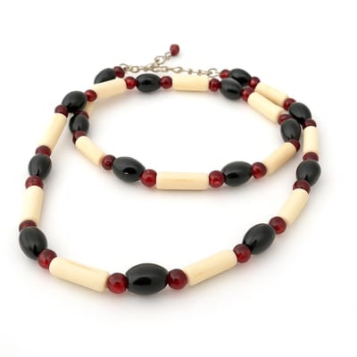 Herencollier - kralenketting mannen - surfketting - steen en glas - ivoorkleurig - bruin - zwart - met slotje - 46-49 cm