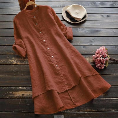 Dames Lente Effen Katoen Linnen Shirtjurk Dames Los Shirt Lange Tops Blouse Plus Size Kleding Kleding S oranje
