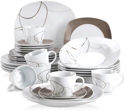 Luxe Serviesset – 30 delig – 6 persoons – Porselein - Bordenset – Dinner platen – Dessertborden - Kommen - Mokken - Schoteltjes - Wit + Bruin