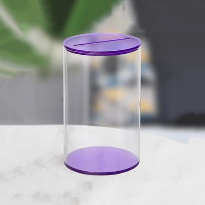 Spaarpot van helder acryl - 7,9 x 7,9 x 13 cm - Geschikt voor volwassenen en kinderen (paars)