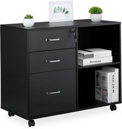 Dossierkast - Bureau met Ladekast - 3 Lades – 2 Legplanken – Slot – 4 Wieltjes – Zwart – 66 x 80 x 40 cm