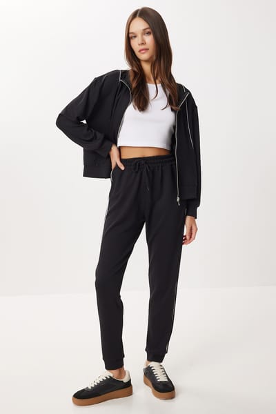 Contrasterende Binding Gedetailleerde Rits Sweatshirt & Jogger Tweedelige Set