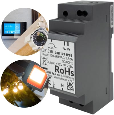 Voeding LED gemonteerd op rail DIN 30W 12V 2.5A 90,5x34x58,5 mm