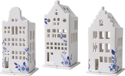 Heinen Delfts Blauw set van 3 witte trapgevel tuitgevel klokgevel Amsterdamse huisjes waxinelicht houders kandelaars wit met Delft Blauw