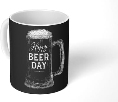 Mok - Koffiemok - Bierpul - Witte krijtletters - Happy beer day - Mokken - 350 ML - Beker - Koffiemokken - Theemok