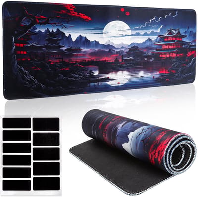 Dailygoods - XXL Gaming muismat, 800 x 300 mm, grote muismat met antislip rubberen basis, genaaide randen en bonus siliconen antislip pads, anime Japanse kunst bureauonderlegger voor pc en toetsenbord