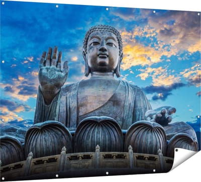 Gards Tuinposter Boeddha Beeld bij een Tempel - 160x120 cm - Tuindoek - Tuindecoratie - Wanddecoratie buiten - Tuinschilderij
