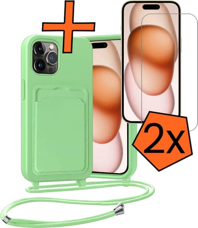 Hoesje Geschikt voor iPhone 14 Pro Max Hoesje Met Telefoonketting Pasjeshouder Case Met 2x Screenprotector Koord - Hoesje Geschikt voor iPhone 14 Pro Max Hoes Met Kaarthouder - Groen