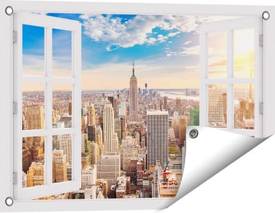 Gards Tuinposter Doorkijk New York Manhattan tijdens Zonsondergang - 60x40 cm - Tuindoek - Tuindecoratie - Wanddecoratie buiten - Tuinschilderij