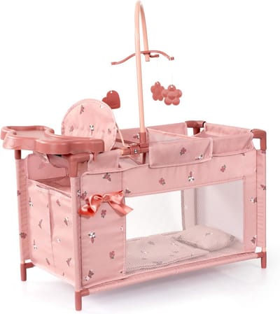 Multifunctioneel Poppenbed met Eetstoel, Kledingkast en Mobiel voor Poppen tot 46 cm