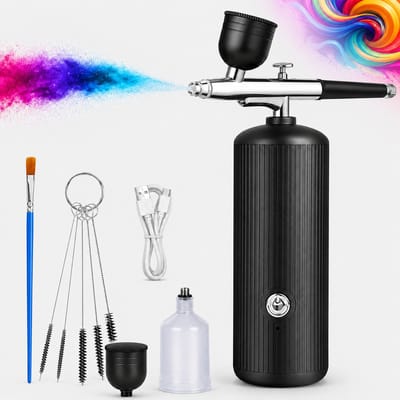 Airbrush Set Draadloos - Mini Compressor 3 Standen - Oplaadbare Verfspuit - 2000mAh Batterij - Hoge Druk en Fijne Verneveling - Inclusief Nozzles en Reinigingsborstel - Voor Make-up Nagels Modelbouw - Zwart