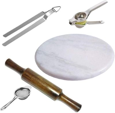 Chakla Belan Combo - Deegroller Set - Brood Bakken - Wit Marmeren Board - 25 cm Diameter - Wit