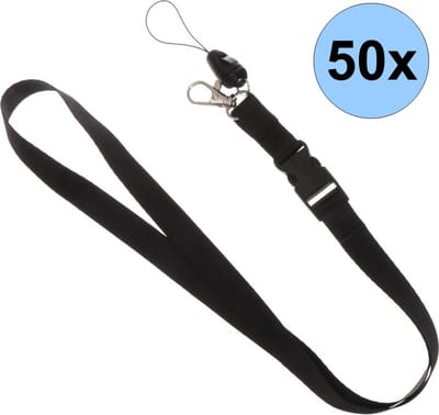 50 Zwarte Keycords - Keycord - Lanyard - Sleutelkoord - Badgehouder - 51cm - 20mm - Zwart - 50 Stuks