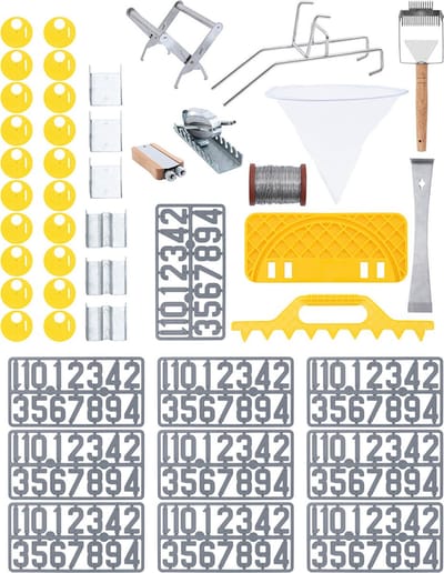 Bijenteelt Starter Kit - 45 stuks - stokbeitel - honingraatdraad - spanner - bijenkorfband - cijfers - emmerhouder - ontdopje - Wiesenfield