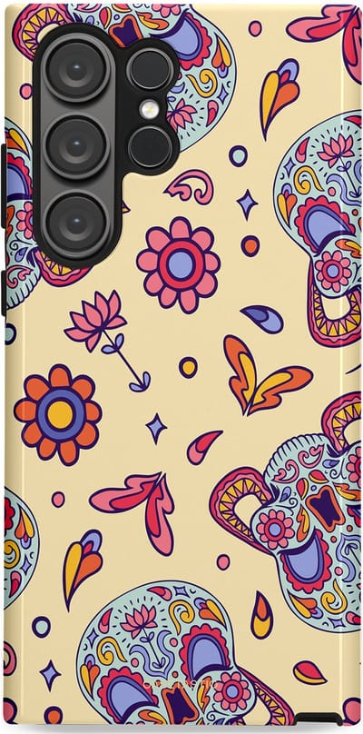 Casetastic hoesje geschikt voor Samsung Galaxy S23 Ultra - Dubbellaagse bescherming - Dia de los Muertos Doodshoofd Bloemen - Fashion Case - Crème Lila Zilver