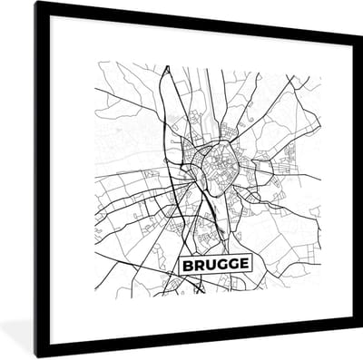 Fotolijst incl. Poster Zwart Wit- Zwart Wit – België – Plattegrond – Stadskaart – Kaart – Brugge - 40x40 cm - Posterlijst