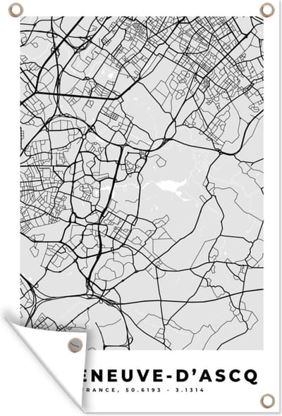 Muurdecoratie Plattegrond - Kaart - Stadskaart - Frankrijk - Villeneuve-d'Ascq - 120x180 cm - Tuinposter - Tuindoek