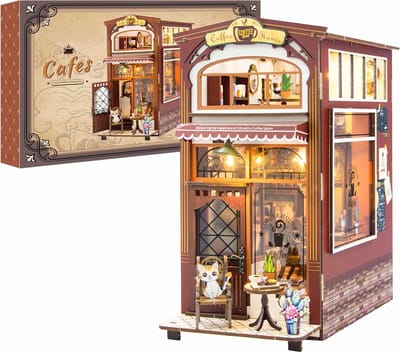 Meeder Book Nook Kit-Kattencafé Model Bouwpakket-houten modelbouw voor Volwassenen-DIY Miniatuur Poppenhuis Boekennook Boekenplank Insteekdecor-3D Houten Boekennook Miniatuurkit met LED-licht