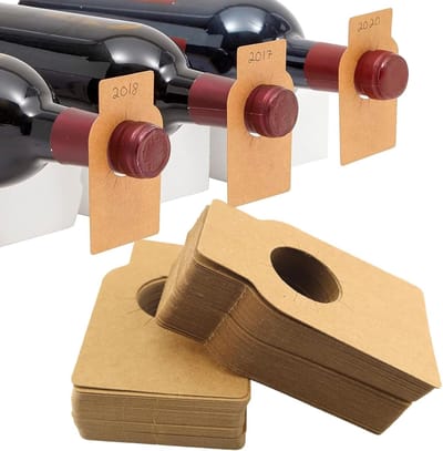 100 Pcs Kraft Paper Wijnfles Labels - Flessenhanger - Papieren Hangende Flessenhals - Wijnrekken - Champagne Drankjes (Bruin)