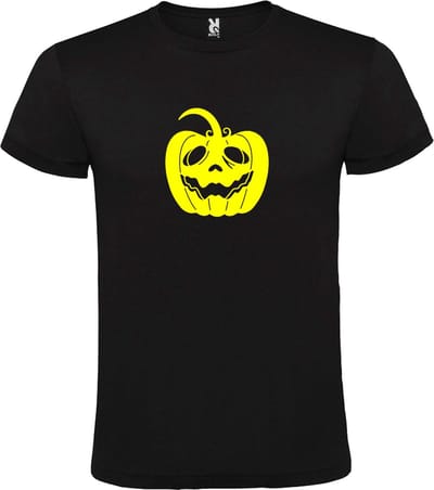 Zwart T-Shirt met “ Halloween Pompoen “ afbeelding Neon Geel Size S