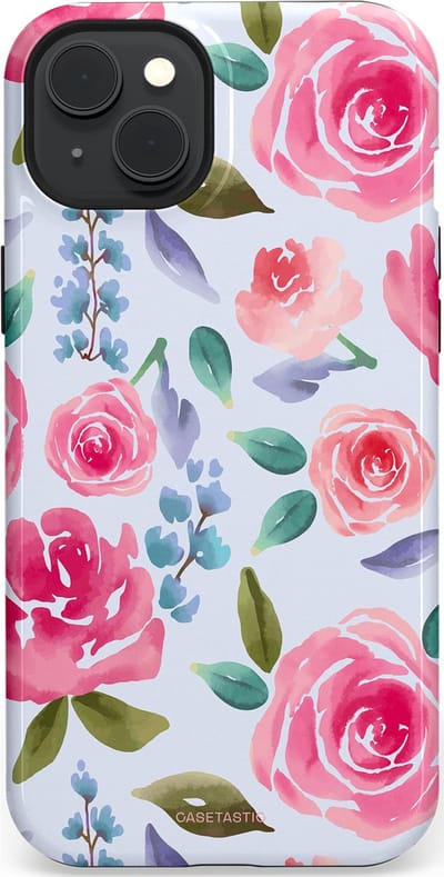 Casetastic hoesje geschikt voor Apple iPhone 15 Plus - MagSafe - Dubbellaagse bescherming - Aquarel Bloemendroom - Fashion Case - Lichtblauw Lichtroze