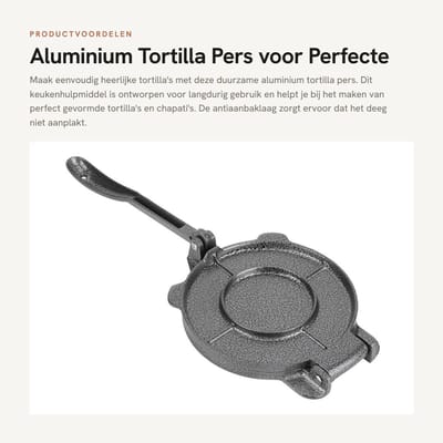 Dailygoods- Tortillapers Gietijzer 30cm - Antiaanbak - Duurzaam - Hittebestendig - Keukenbenodigdheden - Voor Perfecte Tortilla's - Deegpers