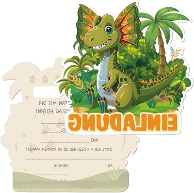 Verjaardagsuitnodigingen voor Kinderen met Groene Dinosaurus, 12 Stuks, Feestuitnodigingen voor Jongens en Meisjes, Triceratops Thema