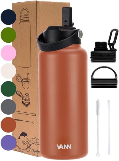 VANN® 3-Wandige RVS Drinkfles 1 Liter met rietje voor volwassenen – Met 5 accessoires – Thermosfles – 24 uur koud/12 uur warm – Rood – VANN Ultimate Bottle®