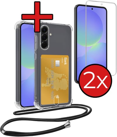 Hoesje Geschikt voor Samsung A36 Hoesje Met Telefoonkoord en Pasjeshouder Met 2x Screenprotector Siliconen - Hoes Geschikt voor Samsung Galaxy A36 Hoesje Met Kaarthouder Shock Proof Case - Transparant