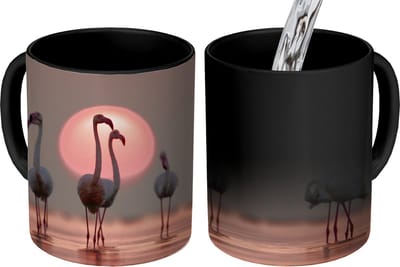 Magische Mok - Foto op Warmte Mokken - Koffiemok - Vogel - Flamingo - Zonsondergang - Roze - Magic Mok - Beker - 350 ML - Theemok