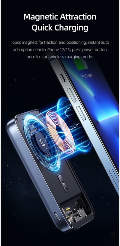 USAMS 10000 mAh magnetische en draadloze Powerbank met transparante achterkant