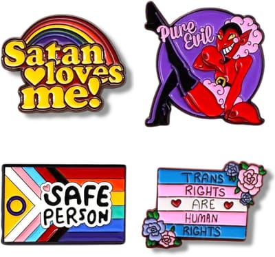 Regenboog & Attitude Pin Set – Set van 4 | Inclusief “Satan Loves Me”, “Pure Evil”, “Safe Person” & “Trans Rights Are Human Rights”