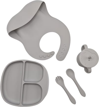 Dinerset - Kinderserviesset - 5 delig kinderserviesset - Siliconen slab met opvangbakje - diner - Kinderbestek - Bestekset - kinderservies - kraamcadeau - baby - kind - servies - babyservies - eten - drinken - dinerset - diner - kraampakket - Grijs