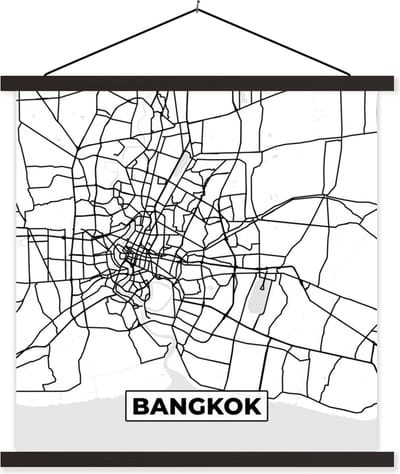 Posterhanger incl. Poster 60x60 cm - Schoolplaat - Bangkok - Stadskaart - Plattegrond - Zwart Wit - Kaart - Textielposter - Zwarte latten - Stadskaart