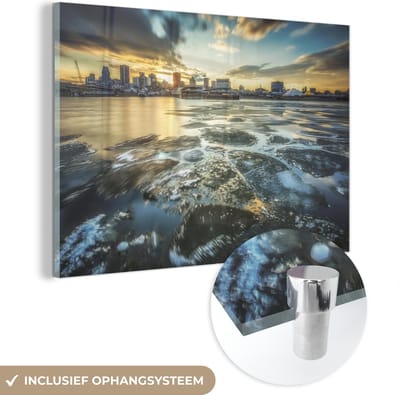® Glasschilderij 180x120 cm - Schilderij acrylglas - Bevroren Saint Lawrence rivier voor het Canadese Montreal - Foto op glas - Muurdecoratie woonkamer - Wanddecoratie slaapkamer - Schilderijen