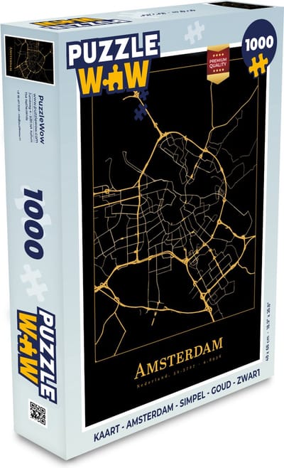 Puzzel Kaart - Amsterdam - Simpel - Goud - Zwart - Legpuzzel - Puzzel 1000 stukjes volwassenen
