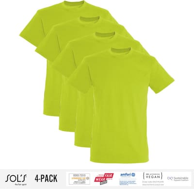 4 Pack Sol's Heren T-Shirt 100% biologisch katoen Ronde hals Appelgroen Maat S
