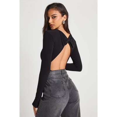 boohoo Dames Slinky Strik Rugdetail Lange Mouw Bodysuit | Zwart | Maat: 44