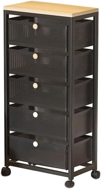 - 5 Laags - Keukentrolley op wieltjes - Kast op wieltjes - Opbergrek - Bakkerskast - Rolkast - Stellingkast - Metaal -hout- 45x 27 x 100 cm (LxBxH) - Zwart