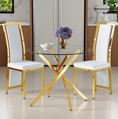 Set Tafel En Stoelen - Ronde Eettafel Met 2 Eetkamerstoelen - Gehard Glas En PU Leer - Voor Keuken En Eethoek - Wit Goud