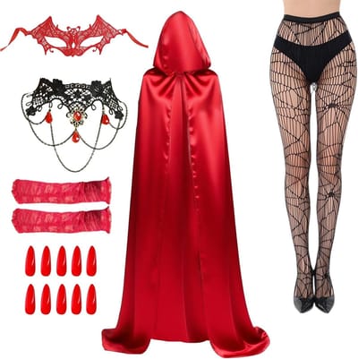 Vampier Kostuum Set met Cape, Spinnenkousen, Nepnagels en Accessoires voor Halloween, Carnaval en Cosplay