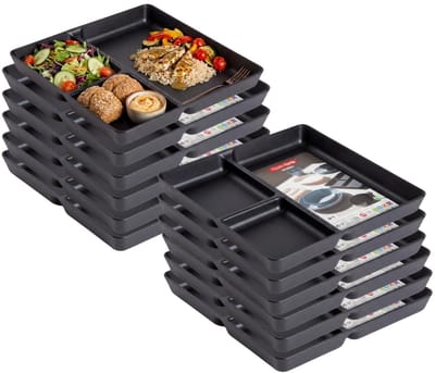 Plasticforte Vakjesborden - 12x stuks - zwart - gourmetbord - 3-vaks - kunststof - 24 x 24 cm - fonduebord - bbq - camping