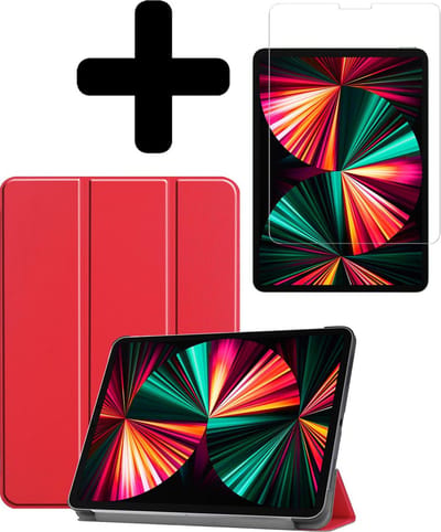 Hoes - Geschikt voor Apple iPad Pro (2021) - 12.9 inch - Met Screenprotector - Trifold Bookcase - Hard Cover - Hardcover Book Case - Tablet Hoesje - Rood