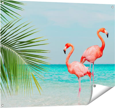 Gards Tuinposter Twee Flamingo's in het Water - 100x80 cm - Tuindoek - Tuindecoratie - Wanddecoratie buiten - Tuinschilderij