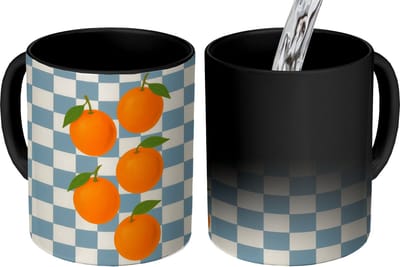 Magische Mok - Foto op Warmte Mokken - Koffiemok - Sinaasappels - Blaadjes - Geblokt - Blauw - Magic Mok - Beker - 350 ML - Theemok