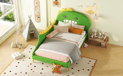 90*200 cm kinderbed - cartoon dinosaurusvorm - vlak bed - PU-materiaal - groen